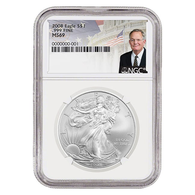 2008 Silver American Eagle MS69 Coin - David Ryder Label