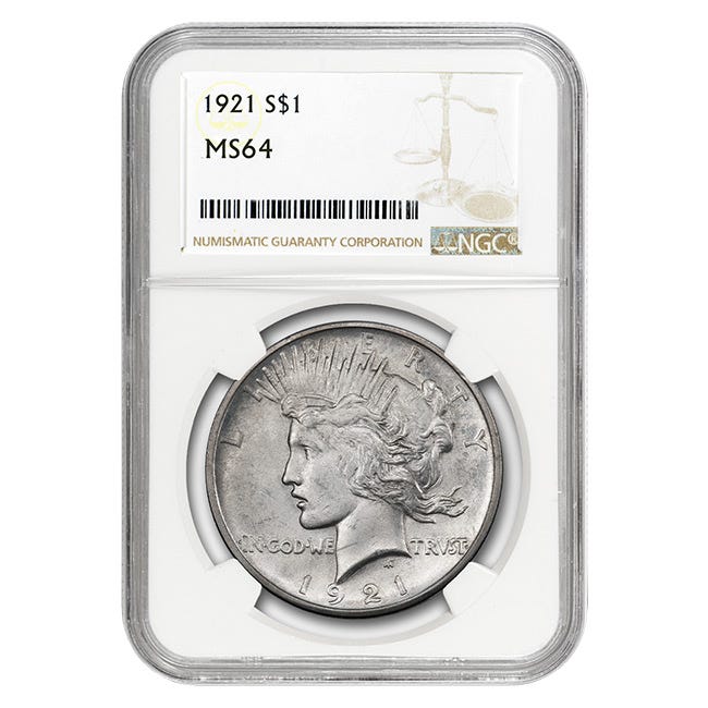 1921 $1 Peace Silver Dollar NGC MS64