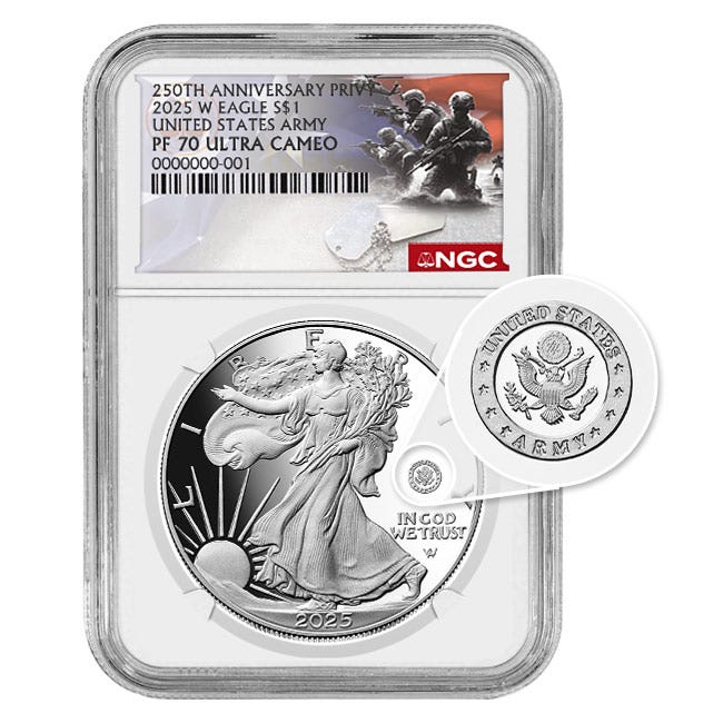 2025 250th Anniversary Silver Eagle Army Privy Proof 70 Coin