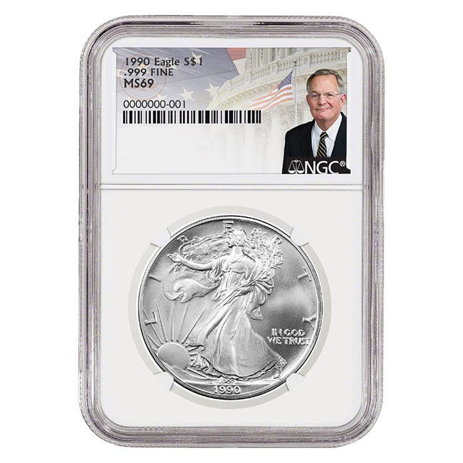 1990 Silver American Eagle MS69 Coin - David Ryder Label