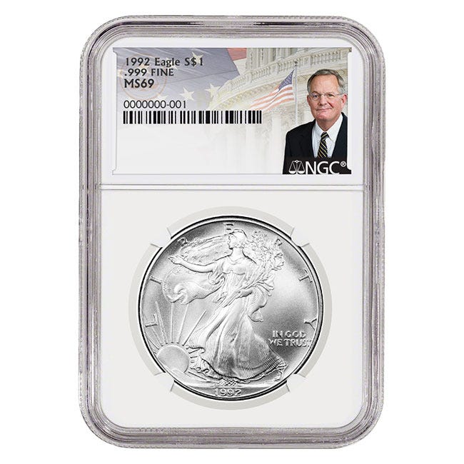 1992 Silver American Eagle MS69 Coin - David Ryder Label