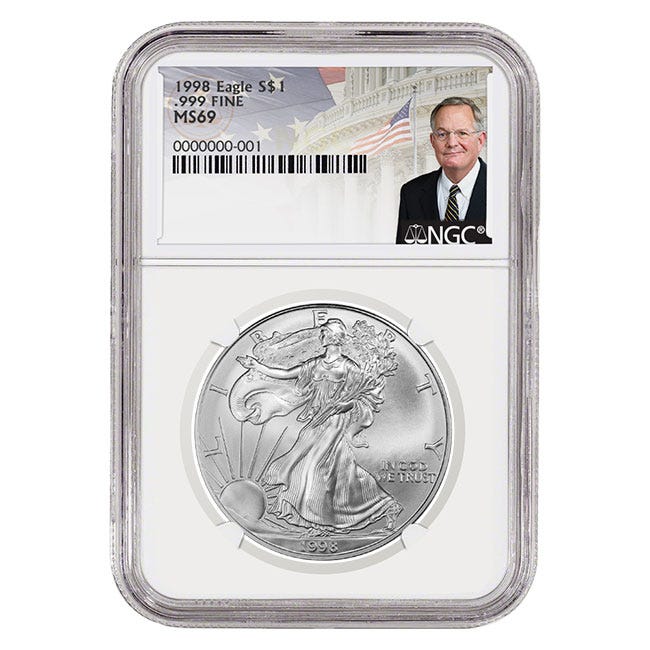1998 Silver American Eagle MS69 Coin - David Ryder Label