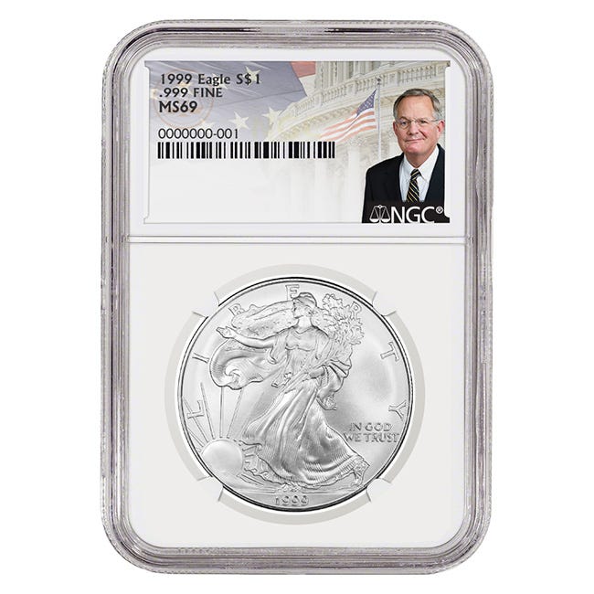 1999 Silver American Eagle MS69 Coin - David Ryder Label