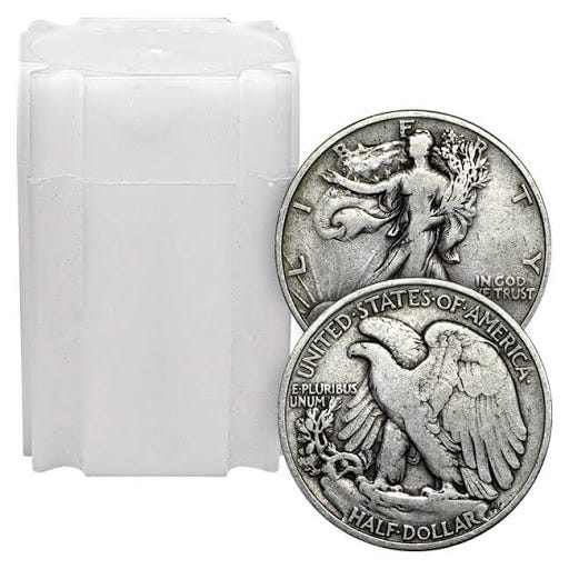 20 Coin Paper/Plastic Roll 90% Walking Liberty Half Dollars Avg Circ