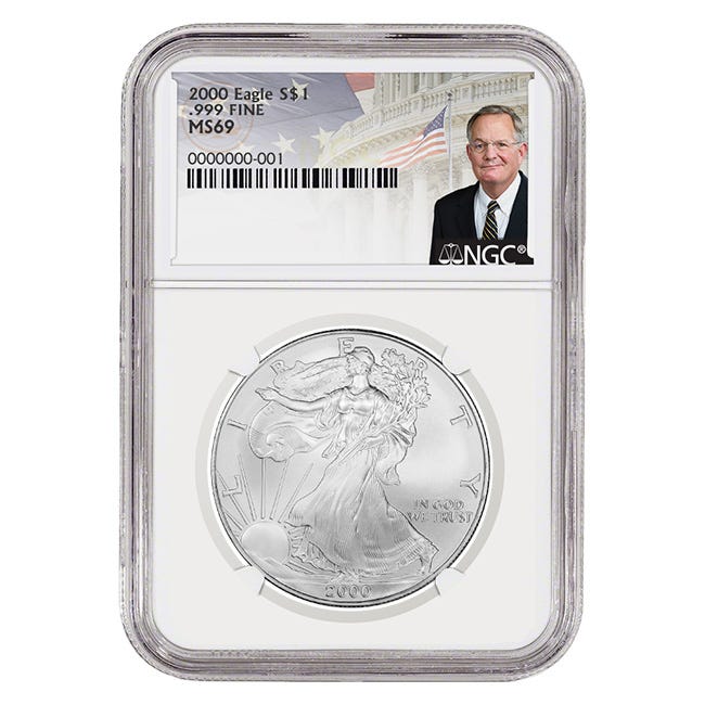 2000 Silver American Eagle MS69 Coin - David Ryder Label