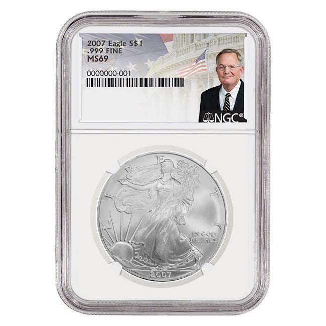 2007 Silver American Eagle MS69 Coin - David Ryder Label