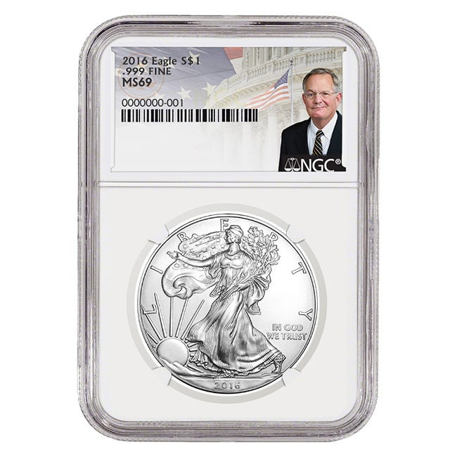 2016 Silver American Eagle MS69 coin - David Ryder label