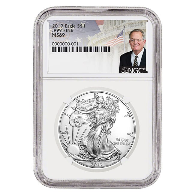 2019 Silver American Eagle MS69 coin - David Ryder label