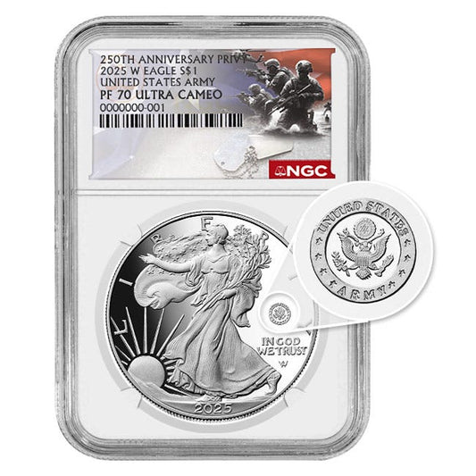 2025 250th Anniversary Silver Eagle Army Privy Proof 70 Coin