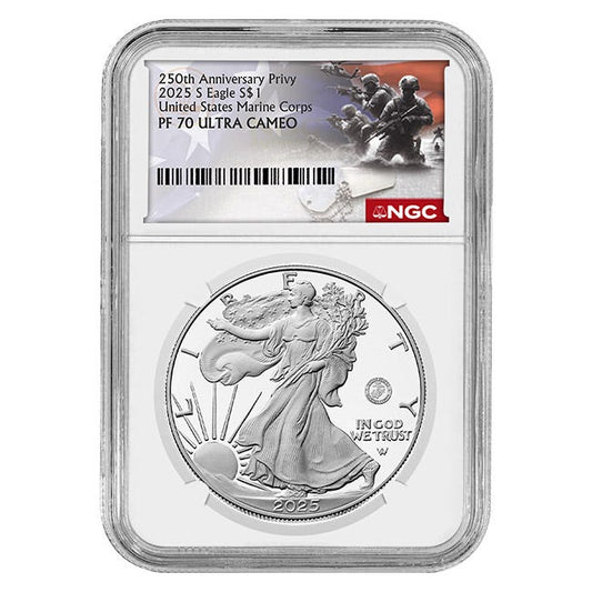 2025 $1 Silver American Eagle 250th Anniversary United States Marines Corps PF70