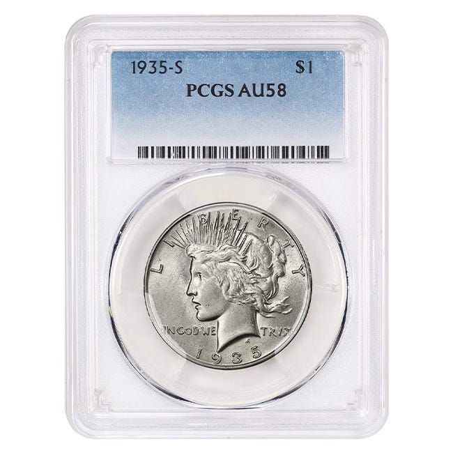 1935-S $1 Peace Silver Dollar PCGS AU58