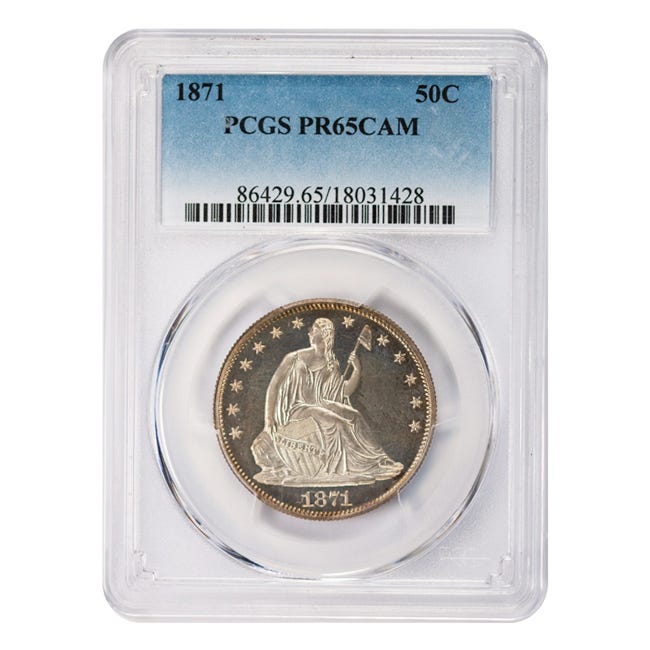 1871 Half Dollar Seated Liberty Cameo PCGS PF65