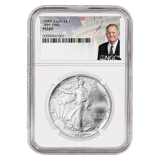 1989 Silver American Eagle MS69 Coin - David Ryder Label