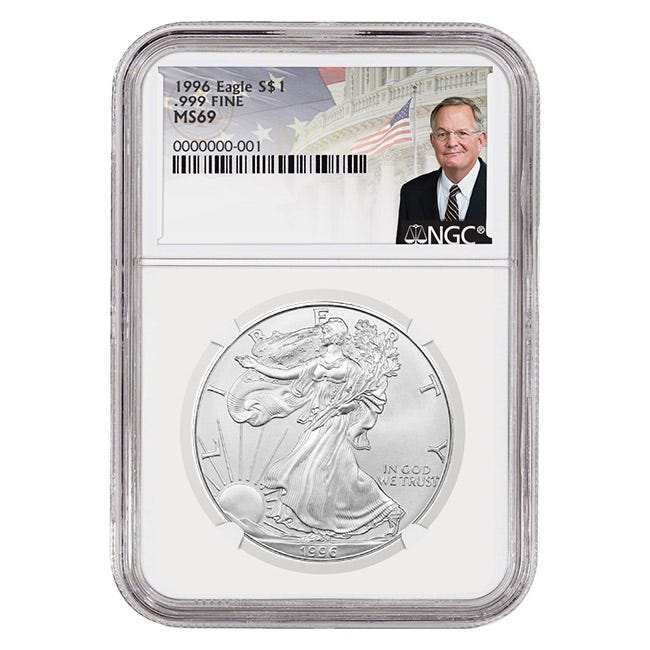 1996 Silver American Eagle MS69 Coin - David Ryder Label