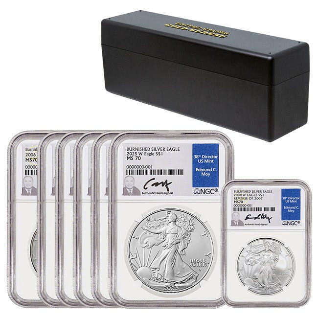 2006-2025 Burnished Silver Eagle MS70 Date Run including the 2008 with the 2007 Reverse